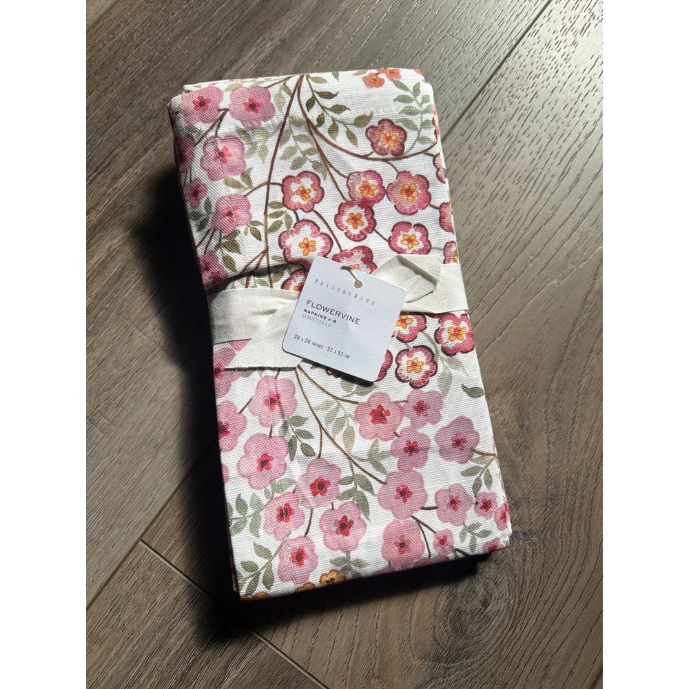 Pottery Barn Flowervine Napkins Set of 4 Pink Floral Botanical 20x20 New